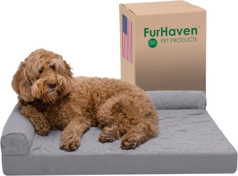 Furhaven Orthopedic Dog Bed for Large/Medium Dogs w/ Removable Bolsters & Washable Cover, For Dogs Up to 55 lbs - Pinsonic Quilted Paw L Shaped Chaise - Titanium, Large