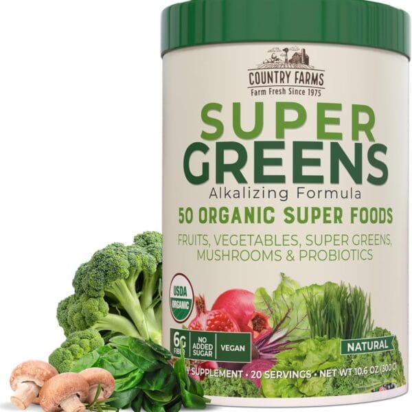 Country Farms Organic Super Greens Natural Flavor, 50 Organic Super Foods, Packed with Fiber, USDA Organic Drink Mix, Fruits, Vegetables, Mushrooms & Probiotics, Supports Energy, 6g Fiber