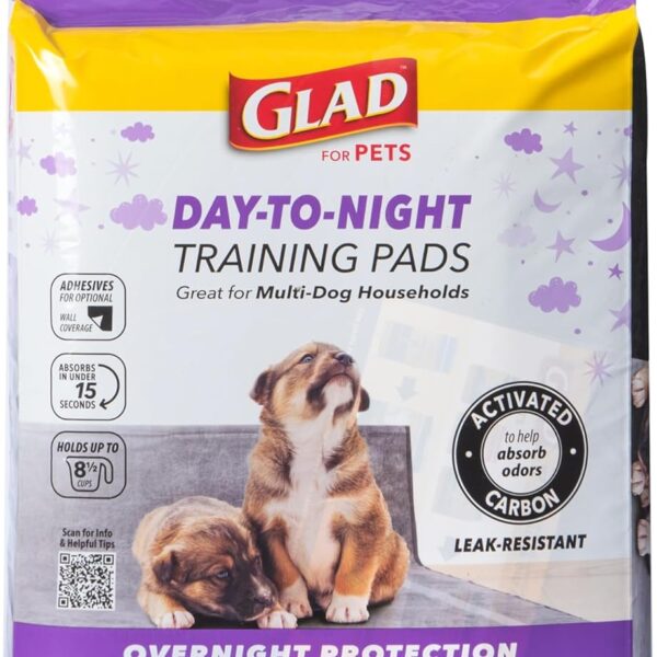 Glad for Pets Day to Night Activated Carbon Puppy Training Pads for Dogs with Wall Protection and Adhesive - Super Absorbent and Leak Proof Disposable Dog Training Pads, 30" x 36", 24 Count