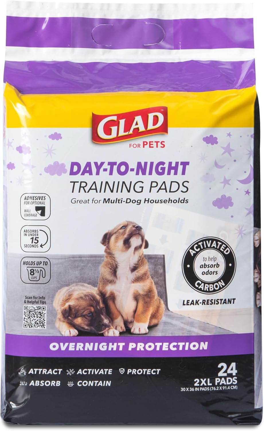Glad for Pets Day to Night Activated Carbon Puppy Training Pads for Dogs with Wall Protection and Adhesive - Super Absorbent and Leak Proof Disposable Dog Training Pads, 30" x 36", 24 Count Glad for Pets Day to Night Activated Carbon Puppy Training Pads for Dogs with Wall Protection and Adhesive - Super Absorbent and Leak Proof Disposable Dog Training Pads, 30" x 36", 24 Count