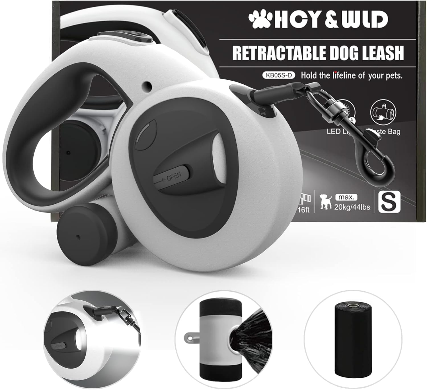 HCY&WLD Upgrade 4-in-1 Retractable Dog Leash with LED Light & Dispenser & Poop Bags, 16 ft Heavy Duty Dog Leash with Anti-Slip Handle for Dogs up to 44 lbs, 360 Tangle-Free, One Button Brake & Lock HCY&WLD Upgrade 4-in-1 Retractable Dog Leash with LED Light & Dispenser & Poop Bags, 16 ft Heavy Duty Dog Leash with Anti-Slip Handle for Dogs up to 44 lbs, 360 Tangle-Free, One Button Brake & Lock