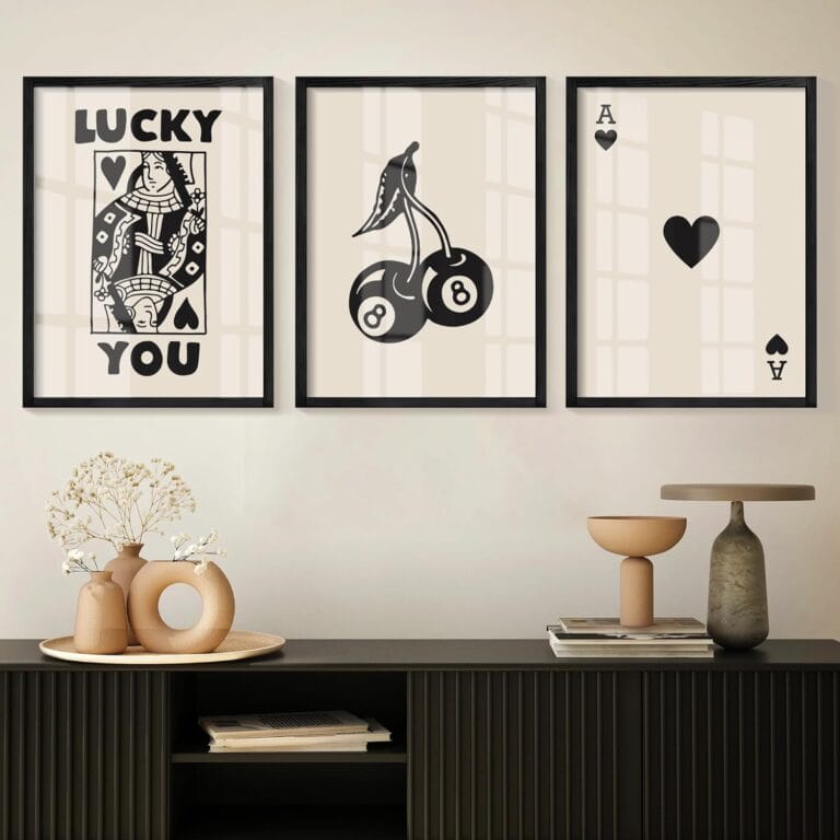 Heiple Framed Set of 3 Poker Wall Art Lucky You Poster, Trendy Retro Print Wall Decor for Queen of Hearts Wall Art Rustic Vintage Farmhouse Home Wall DecorBlack 12"x16"