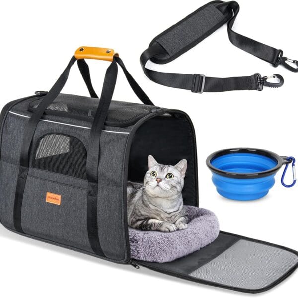Morpilot Cat Carrier - Cat Carrier Soft for Medium or Large Cats up to 20lbs, with Dual-Sided Cushion, Secure Buckle and Foldable Bowl, Dog Carriers for Small Dogs - Pet Carrier (Dark Gray)