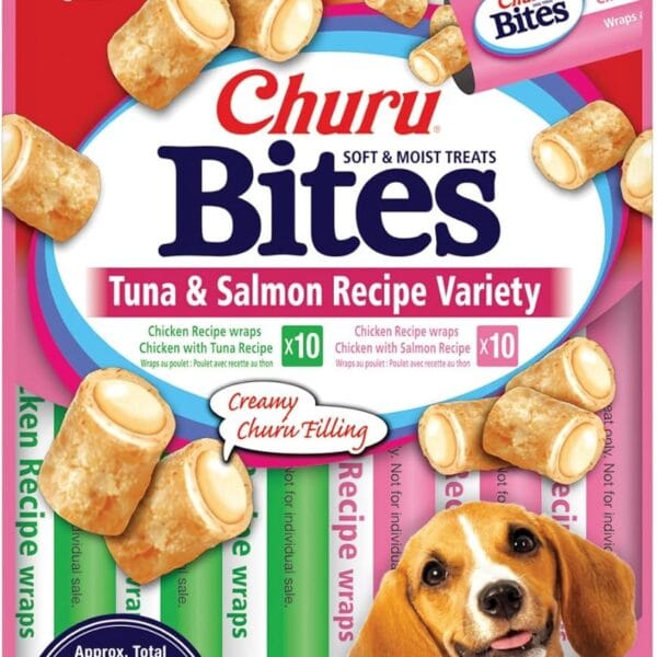 INABA Churu Bites Dog Treat, Grain-Free, Baked Chicken Filled with Churu, Chicken Recipe Wraps Tuna Recipe & Salmon Recipe 20 Pack Variety