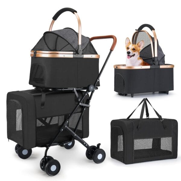 Double Pet Stroller for Small Medium Dogs - 4 In1 Dog Stroller for 2 Pets, Detachable and Foldable with 360Rotating Wheels, Easy Assembly and Compact Size