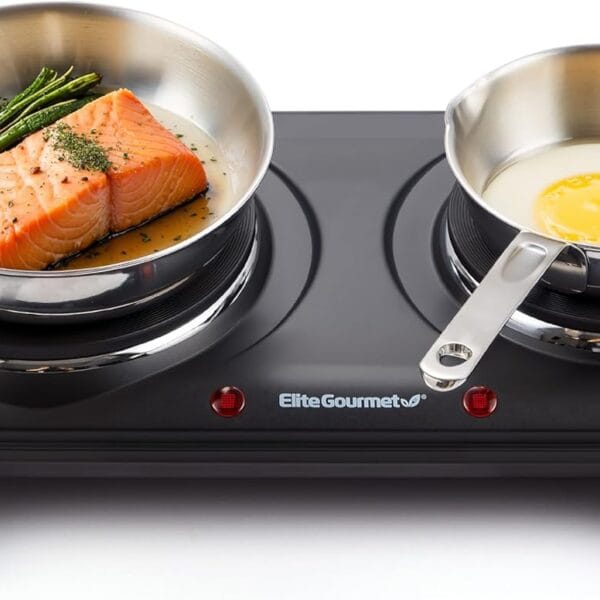Elite Gourmet EDB-302BF# Countertop Double Cast Iron Burner, 1500 Watts Electric Hot Plate, Temperature Controls, Power Indicator Lights, Easy to Clean, Black