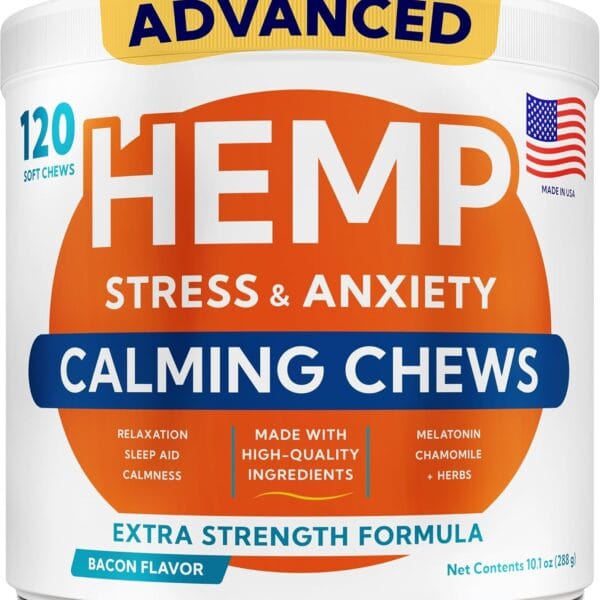 Advanced Calming Chews for Dogs - Hemp Treat + Melatonin + Valerian - Relaxing Bites - Calming Care - Anti-Anxiety & Stress Relief - Made in USA - Calm, Sleep Aid, Storms - 120Ct