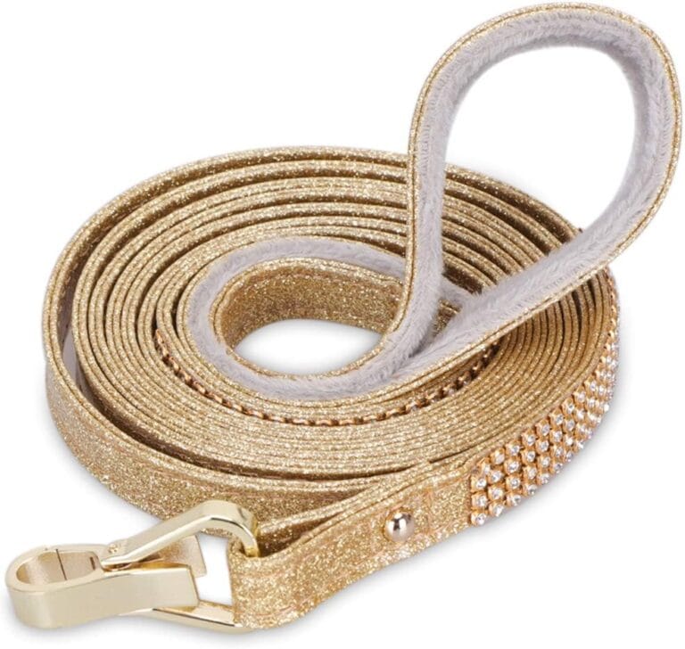 PetsHome Dog Leash, Pet Leash, [Bling Rhinestones] Premium PU Leather Durable and Soft 5 FT Leash for Control Safety Training, Walking Lead for Small to Medium Dogs Gold