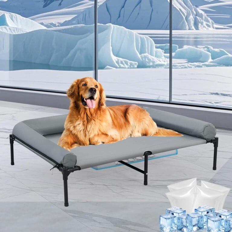 48'' Outdoor Elevated Dog Bed with Pillow, Raised Dogs Bed with Six Support Feet, Breathable Cooling Dog Cot Beds Medium Large Size Dogs, Outdoor Pet Hammock Beds, Pet Beds with 4 Ice Pack(X-Large)