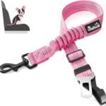 SlowTon Dog Seat Belt, Adjustable Dog Safety Belt Leash, 2 in 1 Latch Bar Attachment Dog Car Seatbelt with Elastic Nylon Bungee Buffer, Reflective Nylon Belt Tether Connect to Dog Harness (Pink)