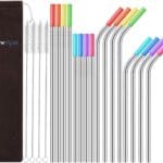 Set of 16 Reusable Stainless Steel Straws with Travel Case Cleaning Brush Silicone Tips Eco Friendly Extra Long Metal Straws Drinking for 20 24 30 oz Tumbler