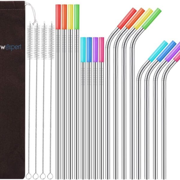 Set of 16 Reusable Stainless Steel Straws with Travel Case Cleaning Brush Silicone Tips Eco Friendly Extra Long Metal Straws Drinking for 20 24 30 oz Tumbler