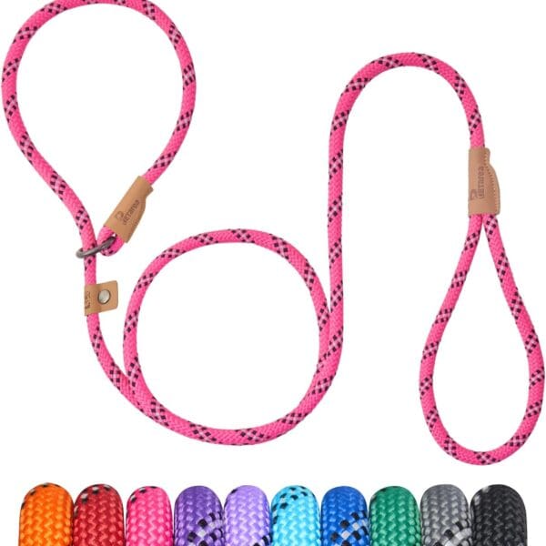 5 FT Slip Lead Dog Leash, Heavy Duty Rope Leash for Small Medium Large Dogs, No Pull Training Lead with Reflective Thread, Strong Comfortable Loop Leash (Pink Stripe, Medium(3/8"))