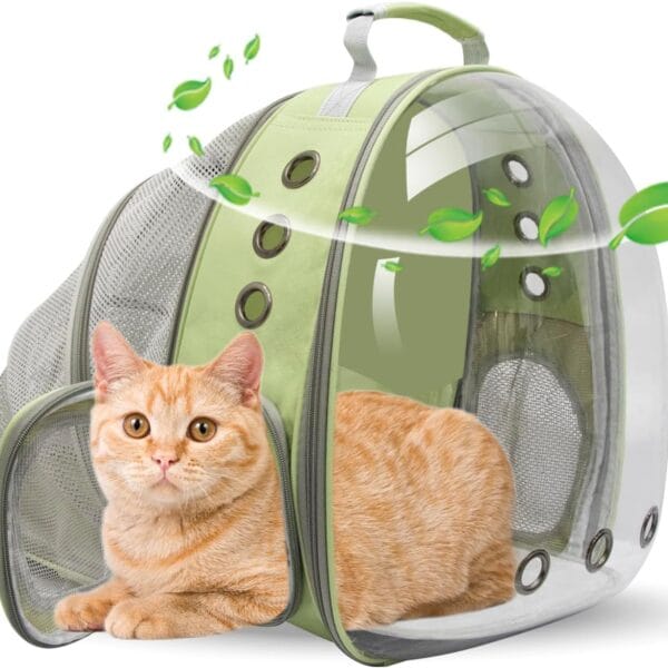 Cat Backpack Carrier Back Expandable Bubble Pet Carrier Backpack for Large Cat, Kitten and Dog, Designed for Hiking, Travelling and Outdoor Use (Back Expandable-LightGreen)