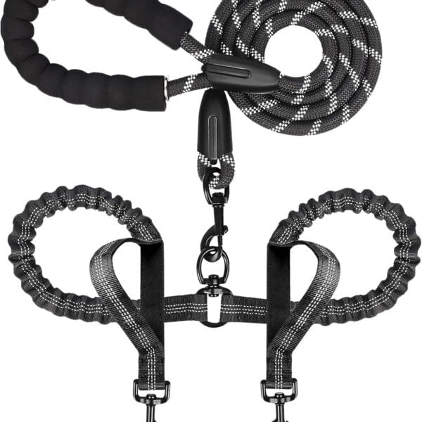 Double Dog Leash for Two Dogs, Heavy Duty Adjustable No Tangle, Bungee Retractable Split Multiple Leash for Walking 2 Dogs, 5.5FT-1/2, Black