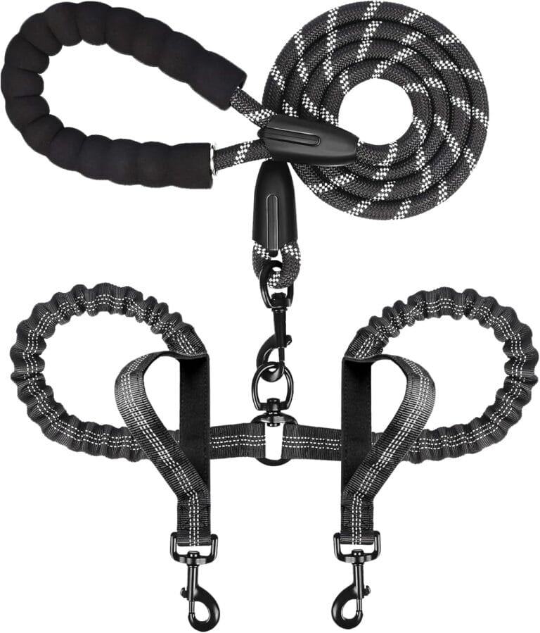 Double Dog Leash for Two Dogs, Heavy Duty Adjustable No Tangle, Bungee Retractable Split Multiple Leash for Walking 2 Dogs, 5.5FT-1/2, Black