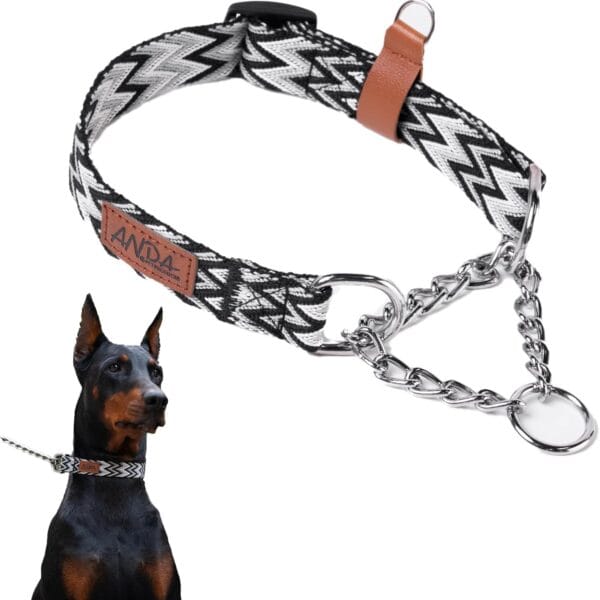 ANDA Martingale Collar for Dogs, Adjustable with Reflective Stainless Steel Chain, No-Pull Escape-Proof Training Collar for Medium and Large Breeds (Chevron Black Chain Style, Large)