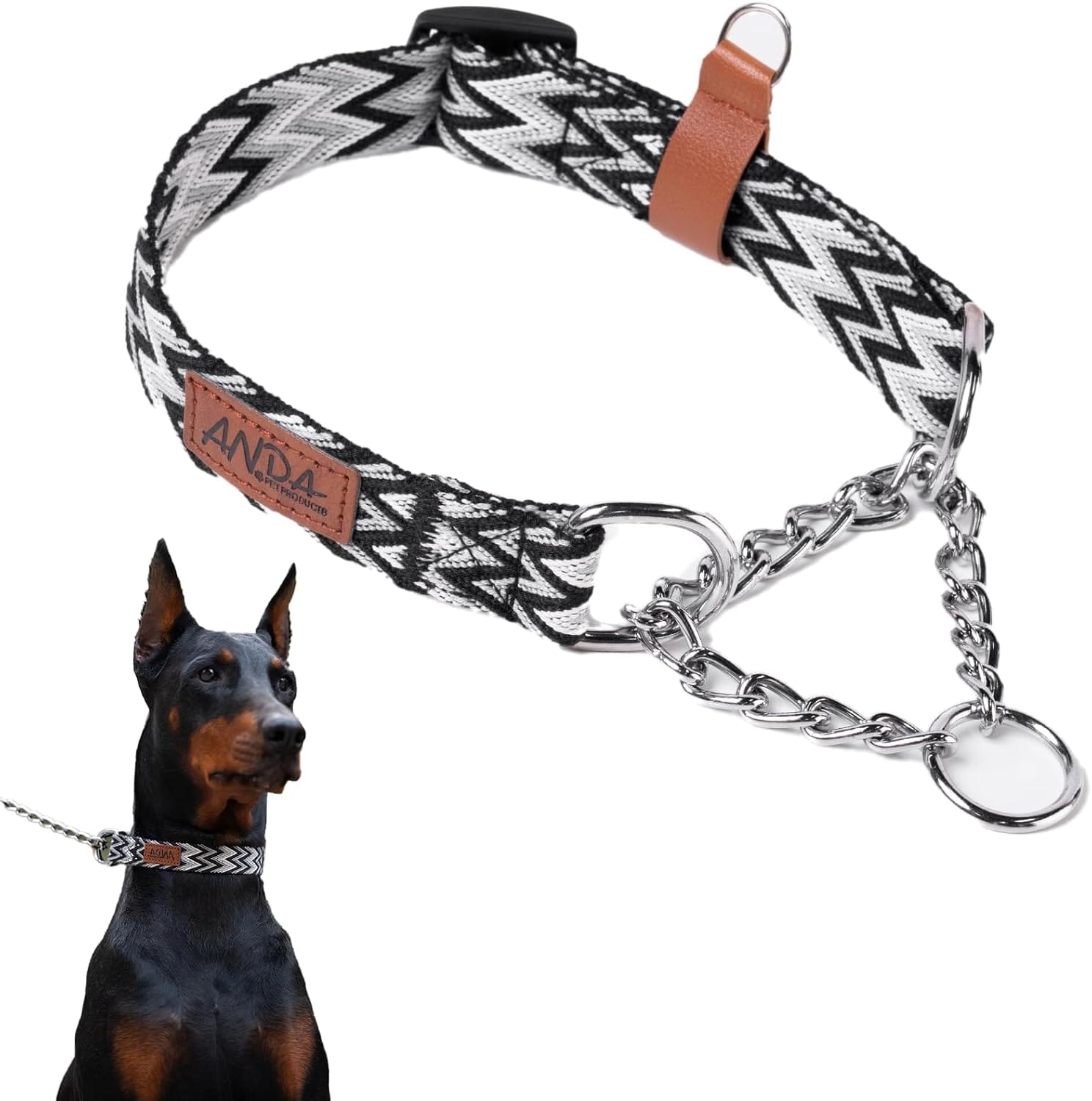 ANDA Martingale Collar for Dogs, Adjustable with Reflective Stainless Steel Chain, No-Pull Escape-Proof Training Collar for Medium and Large Breeds (Chevron Black Chain Style, Large) ANDA Martingale Collar for Dogs, Adjustable with Reflective Stainless Steel Chain, No-Pull Escape-Proof Training Collar for Medium and Large Breeds (Chevron Black Chain Style, Large)