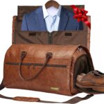 STOVER Garment Travel Duffle Bag, Large 2-in-1 Convertible Carry-on Luggage for Men & Women- Hanging Suits, Dresses & Clothes + Shoe Compartment- Weekender Tote Combo Duffel (Brown Leatherette)