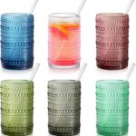 Colored Hobnail Drinking Glasses with Straws, 15 oz Vintage Drinking Glasses Set of 6, Embossed Highball Cups Textured Glass Cups for Kitchen, Beer, Juice, Cocktail, Whiskey, Milk