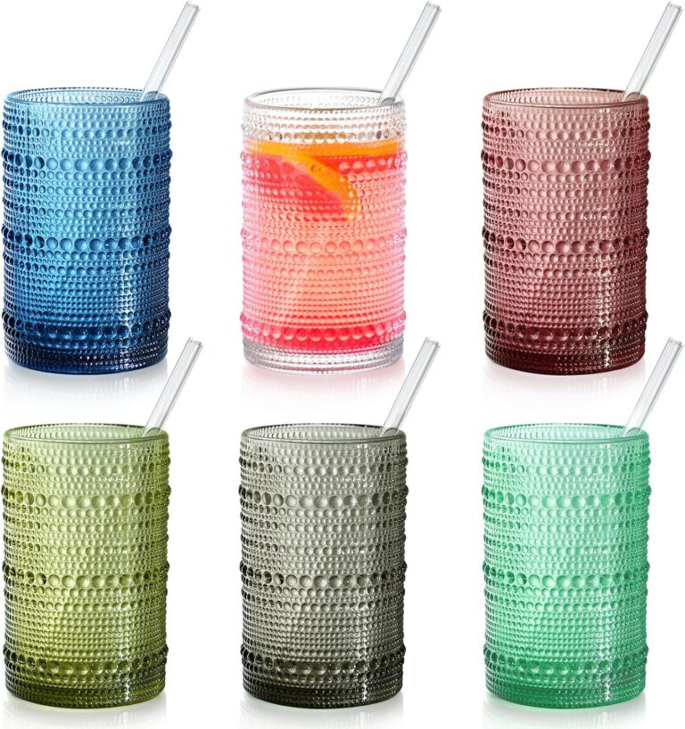 Colored Hobnail Drinking Glasses with Straws, 15 oz Vintage Drinking Glasses Set of 6, Embossed Highball Cups Textured Glass Cups for Kitchen, Beer, Juice, Cocktail, Whiskey, Milk