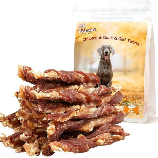 Dog Jerky Treats Triple Flavor Chicken Duck Wrapped Cod Twisted Sticks 5'', Rawhide Free Grain Free Dog Training Snacks Chews for Small Medium Large Dogs, 10.6 oz