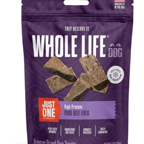 Whole Life Dog Just One Beef Liver Freeze Dried Dog Treats - Human Grade High Protein Food, Healthy Training Snacks, Freeze Dried Food Toppers, USA Made Natural Treats - 4 oz (Pack of 1)
