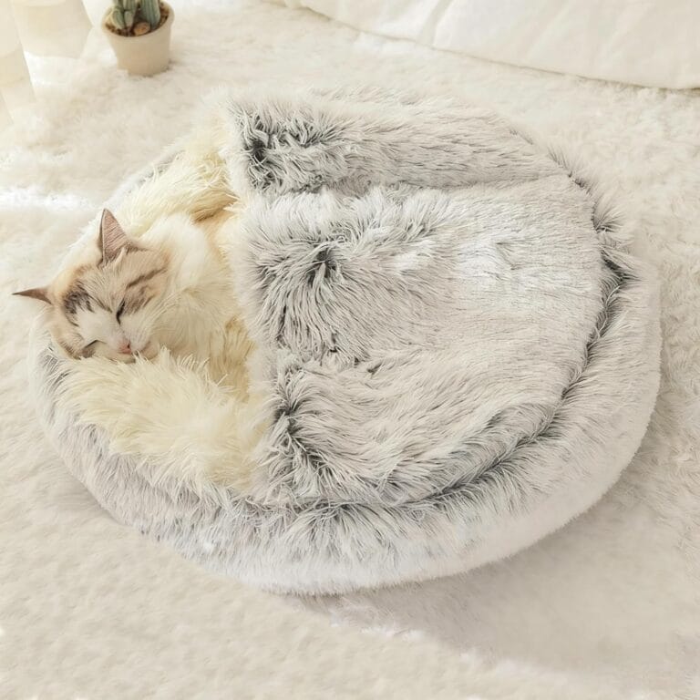 Cat Bed Round Fluffy Hooded Cat Bed Cave, Anti-Anxiety Cave Bed with Hooded Blanket, Cozy Cuddler Luxury Puppy Pet Bed, Anti-Slip Bottom and Machine Washable (Grey, Large)