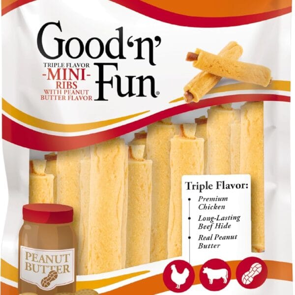 Good 'n' Fun Triple Flavor Mini Ribs with Peanut Butter Flavor Chews for Dogs, 8 Ounces, Treat Your Small Dog to Long-Lasting Chews Made with Chicken and Beef Hide