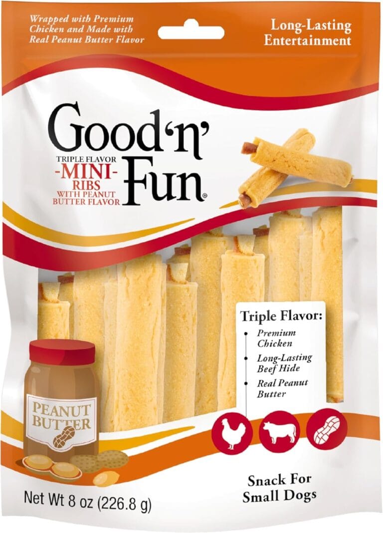 Good 'n' Fun Triple Flavor Mini Ribs with Peanut Butter Flavor Chews for Dogs, 8 Ounces, Treat Your Small Dog to Long-Lasting Chews Made with Chicken and Beef Hide