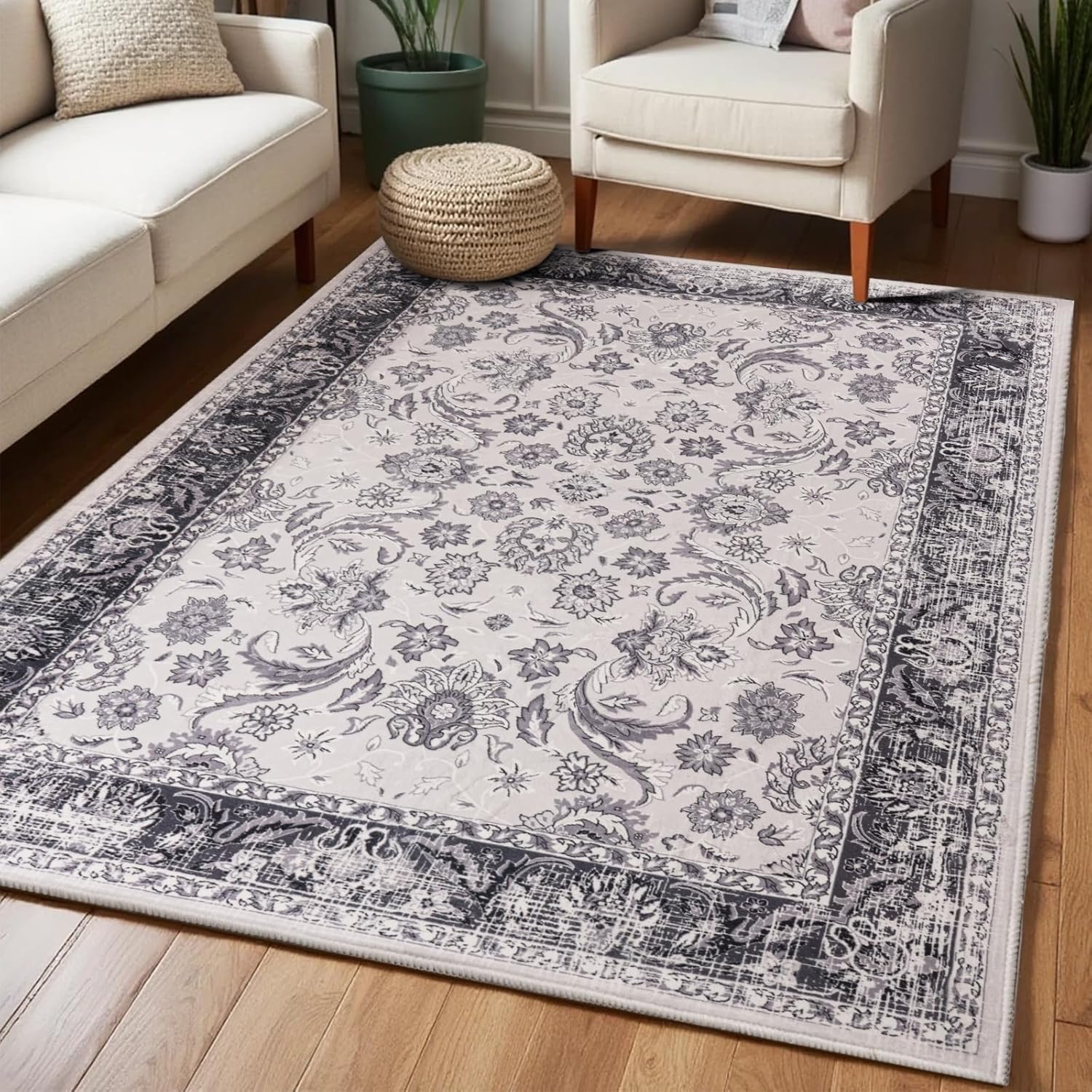 Zentavio Area Rugs 4x6 Washable Non-Slip Kid & Pet Friendly Living Room Carpets Vintage Floral Foldable Thin Low Pile Rug for Bedroom Kitchen Dining Room Grey Zentavio Area Rugs 4x6 Washable Non-Slip Kid & Pet Friendly Living Room Carpets Vintage Floral Foldable Thin Low Pile Rug for Bedroom Kitchen Dining Room Grey