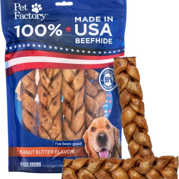 Pet Factory 7in Braided Beefhide Dog Chew Sticks with Peanut Butter Flavor - 100% USA Made Rawhide Chews for Medium Dogs, Long Lasting Dental Health, 7 inches (Pack of 6)
