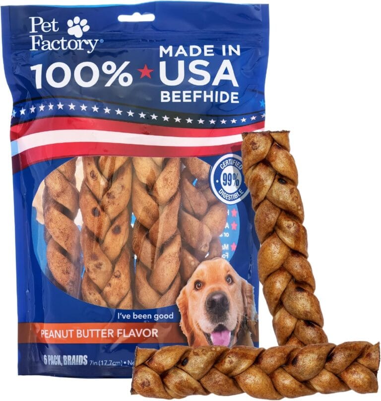 Pet Factory 7in Braided Beefhide Dog Chew Sticks with Peanut Butter Flavor - 100% USA Made Rawhide Chews for Medium Dogs, Long Lasting Dental Health, 7 inches (Pack of 6)