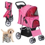 Pet Stroller for Medium Small Dogs - Easy to Walk Folding Travel Carrier Strolling Cart with Cup Holder, Weather Cover and Storage Basket (Pink)