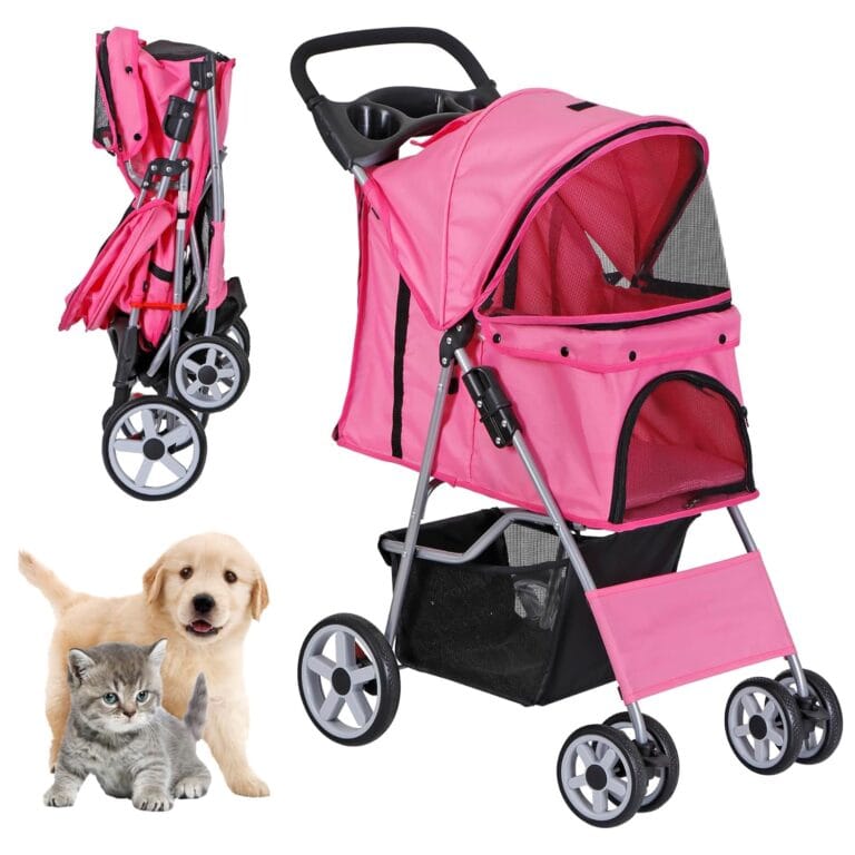 Pet Stroller for Medium Small Dogs - Easy to Walk Folding Travel Carrier Strolling Cart with Cup Holder, Weather Cover and Storage Basket (Pink)