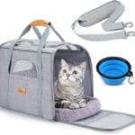 Morpilot Portable Cat Carrier - Soft Sided Cat Carrier for Medium Cats and Puppy up to 15lbs, Pet Carrier with Locking Safety Zippers, Foldable Bowl, Airline Approved Travel Dog Carrier - Light Gray