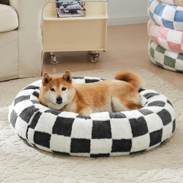 Checkered Dog Bed, Cute Black White Retro Style Aesthetic Round Warming Pet Calming Beds for Small Dog and Cats, Plush Cozy Donut Dog Beds Washable, 30" L x 30" W x 8" Th