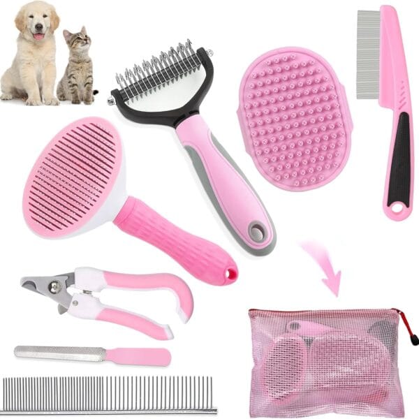 Dog Brush Dog Grooming Kit 7PCS Dog Brush for Shedding-Dog Brushes for Grooming, Dematting Comb for Dogs, Cat & Dog Nail Clipper with Nail File, Flea Comb, Pet Comb, Dog Bath Brush-Pink