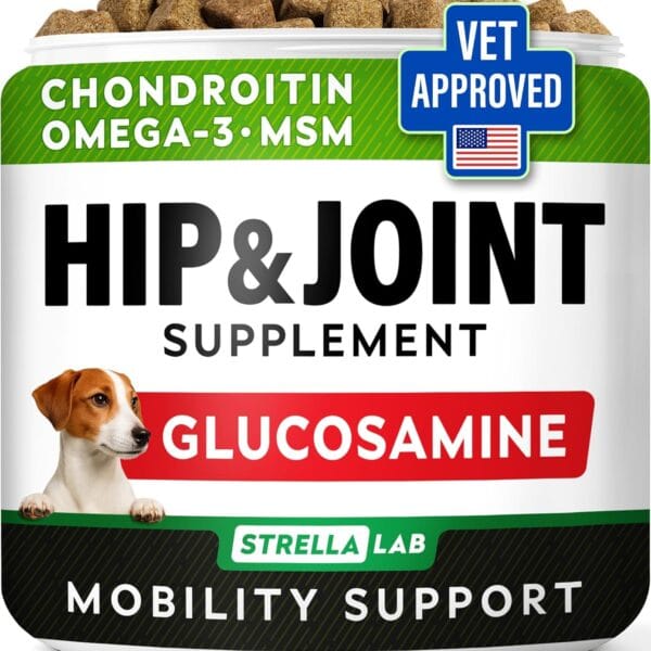 STRELLALAB Hip & Joint Glucosamine Supplement Treats for Dogs - Chondroitin, Omega-3, MSM - Advanced Joint Health Support Chews for Large Breed - Pain Relief - Bacon Flavor - 120 Ct - Made in USA