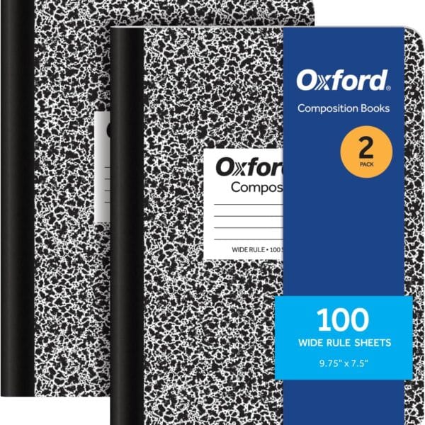 Oxford Composition Notebooks, 9-3/4 x 7-1/2 Inch School Journals, Wide Ruled Paper, Black Marble Covers, 100 Sheets per Book, 2 Pack (1002516)