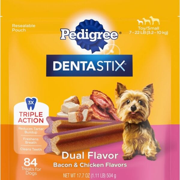 Pedigree Dentastix Dual Flavor Small Breed Dog Treats, Bacon & Chicken, 17.78 oz. Bag (84 Treats)