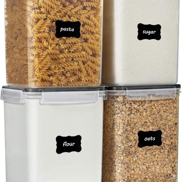 Vtopmart 4 PCS Large Food Storage Containers 5.2L / 175oz, 4 Pieces BPA Free Plastic Airtight Canisters for Flour, Sugar, Baking Supplies, Rice with Lids, 4 Measuring Cups and 24 Labels, Black