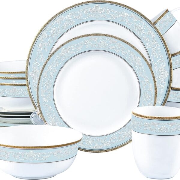 Fine Bone China Dinnerware Set,16 Pcs Classic Relief Pattern Gilt Edged High Grade Porcelain Tableware Sets For 4 People