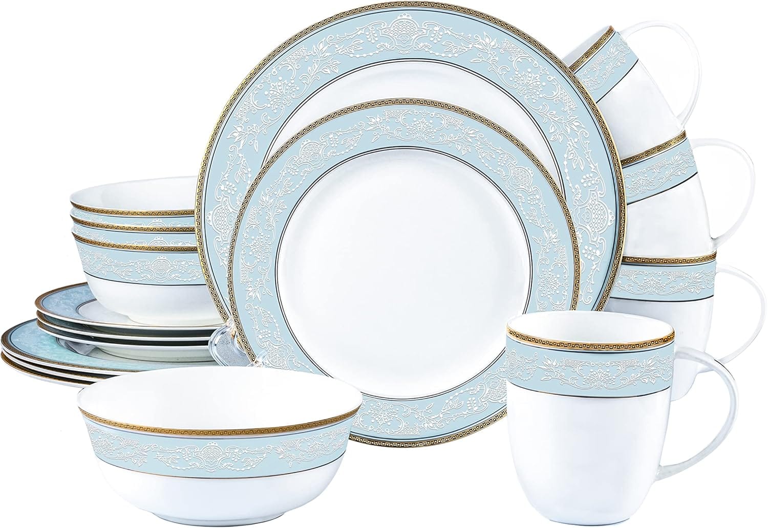 Fine Bone China Dinnerware Set,16 Pcs Classic Relief Pattern Gilt Edged High Grade Porcelain Tableware Sets For 4 People Fine Bone China Dinnerware Set,16 Pcs Classic Relief Pattern Gilt Edged High Grade Porcelain Tableware Sets For 4 People