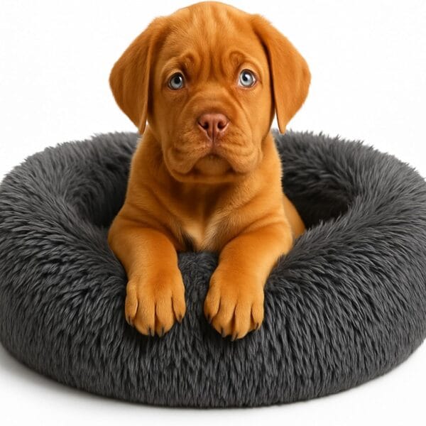 Calming Dog Bed - Fluffy Donut Cuddler for Anxiety Relief, Orthopedic Pet Bed with Non-Slip Bottom, Cozy Round Faux Fur Nest for Dogs and Cats, Plush Crate Mat for Comfort (Dark Grey, Small)