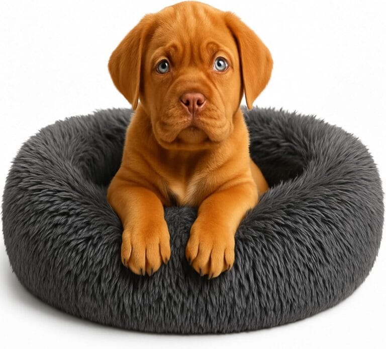 Calming Dog Bed - Fluffy Donut Cuddler for Anxiety Relief, Orthopedic Pet Bed with Non-Slip Bottom, Cozy Round Faux Fur Nest for Dogs and Cats, Plush Crate Mat for Comfort (Dark Grey, Small)
