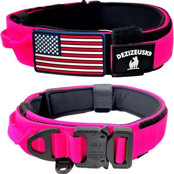 Tactical Dog Collar with Handle, American Flag Patch, 1.5 Inch Wide Thick Heavy Duty Nylon, Quick Release Metal Buckle, Customizable Name Plate, Ideal Dog Collars for Medium to Large Breeds K9 Harness