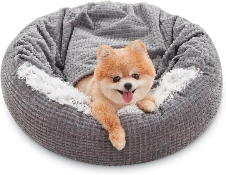 MIXJOY Small Dog Bed Cat Bed with Blanket Attached, Round Hooded Cozy Dog Cave Beds for Small Dogs, Soft Plush Cuddler Puppy Pet Bed, Anti-Slip Bottom, 23inch