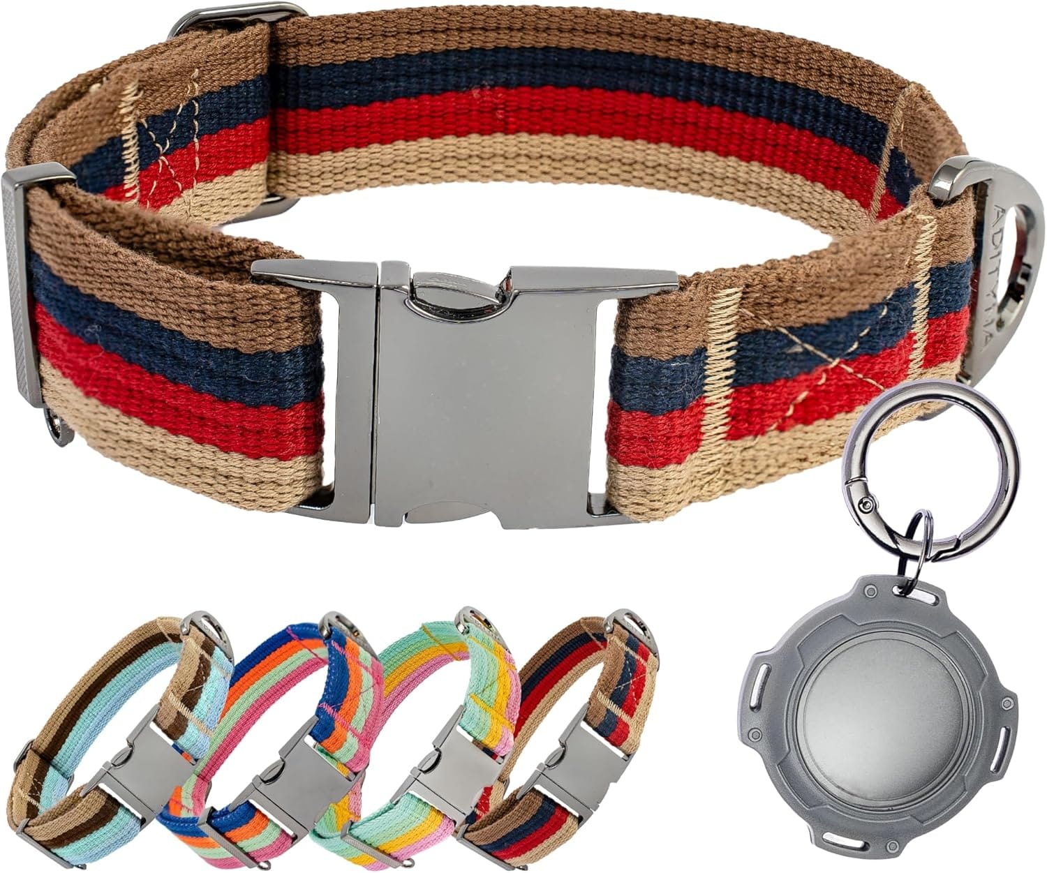 ADITYNA Cotton Dog Collar with AirTag Holder - Heavy-Duty Metal Buckle, Breathable, Easy Adjustable for Medium & Large Breeds - for Walking, Training (Vintage Stripes, Fits 15-21" Necks) ADITYNA Cotton Dog Collar with AirTag Holder - Heavy-Duty Metal Buckle, Breathable, Easy Adjustable for Medium & Large Breeds - for Walking, Training (Vintage Stripes, Fits 15-21" Necks)