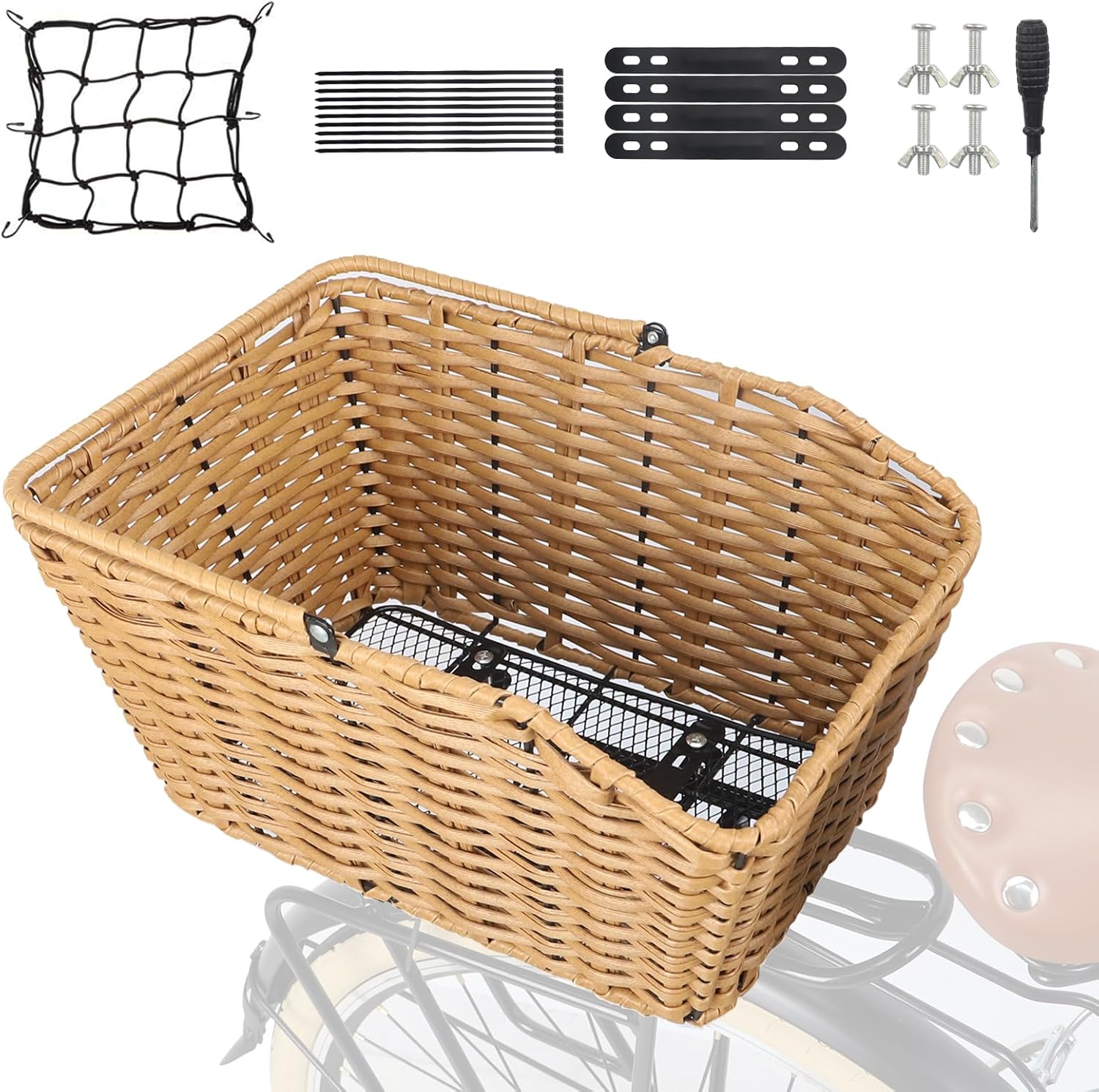 MEGHNA Bike Basket Woven Portable Rear Bicycle Basket with Protection Net Detachable Bike Rack Basket Bike Storage for Rear Rack of Most Kinds of Bike MEGHNA Bike Basket Woven Portable Rear Bicycle Basket with Protection Net Detachable Bike Rack Basket Bike Storage for Rear Rack of Most Kinds of Bike